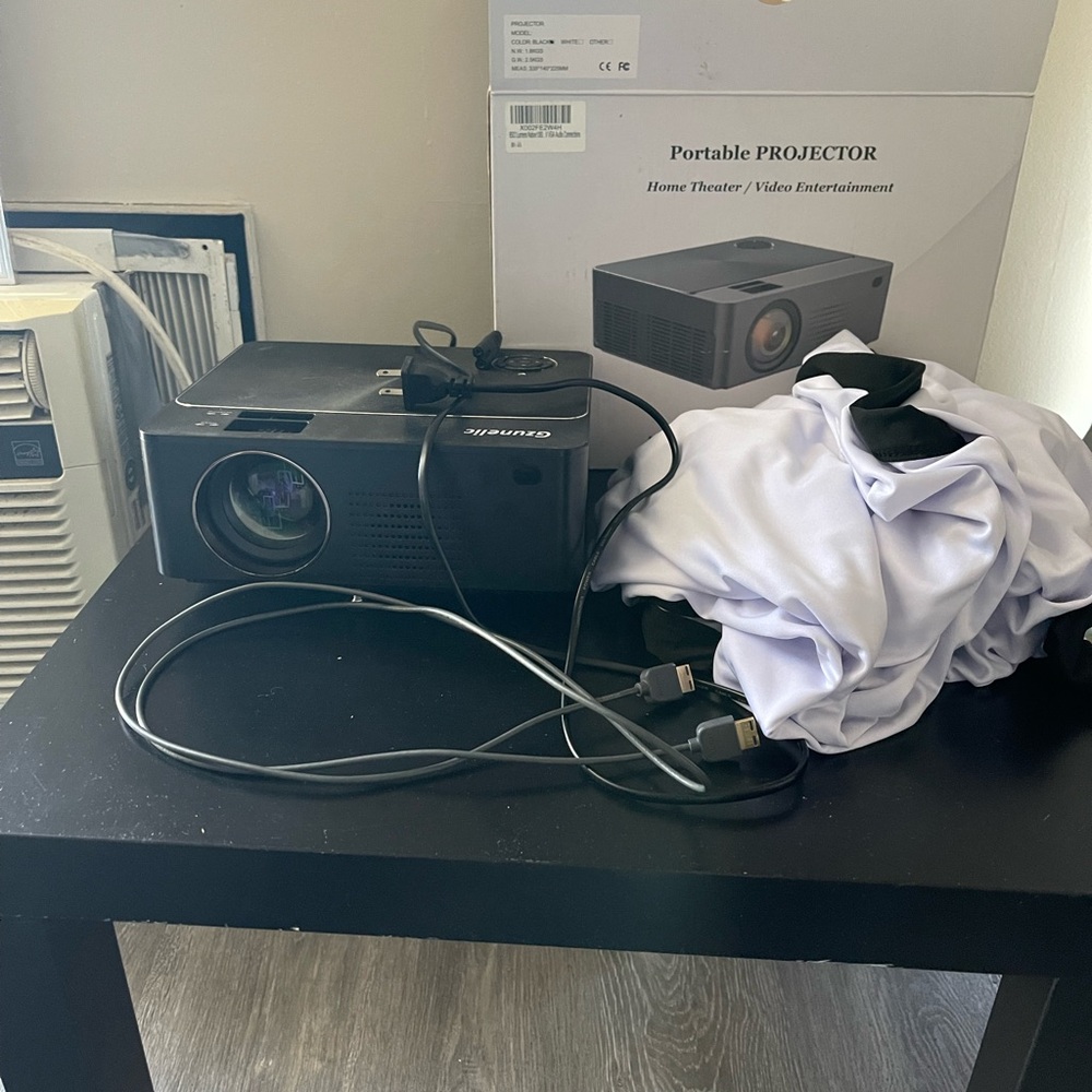 Projector Set, with HDMI cord, projector Screen, box, and powe Cord